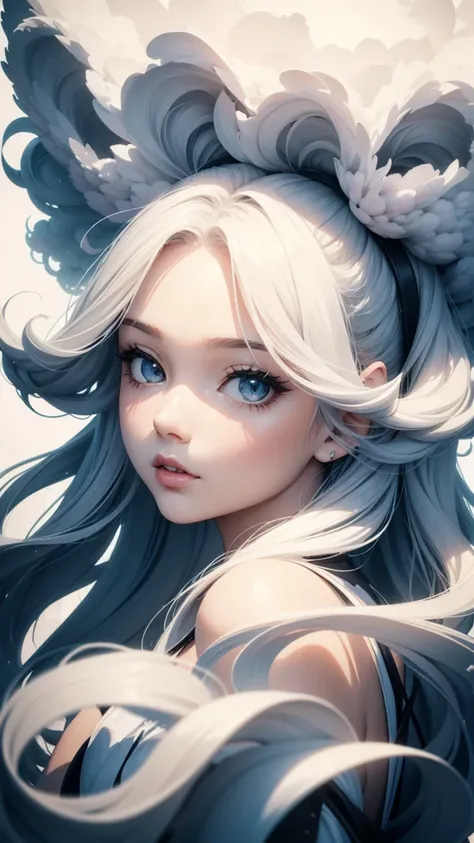 Beautiful fluffy clouds with overlapping head and face for girls，Stylized abstract portrait close-up of beautiful girl，Clouds blend into the hair，Cloud wraps girl，White background，Surrealist art fantasy style，Epic digital fantasy art style，ModelShoot style...