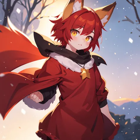 1boy, detailed, photorealistic, red hair, short hair, yellow eyes, fox ears, Christmas outfit, snowy background