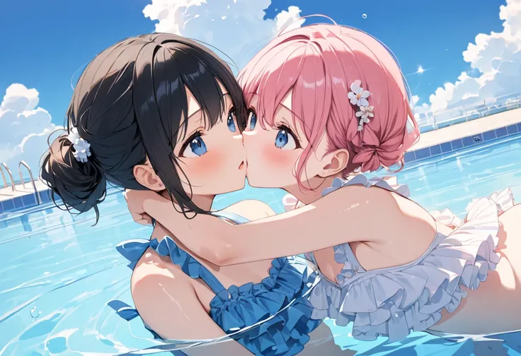 (Top quality, Masterpiece: 1.2), from above, Cowboy Shot, Blue sky and incoming clouds in the outdoor pool, the surface of the water sparkling, Two beautiful girls in cute, frilly swimsuits are hugging and kissing each other, They are blushing and looking ...