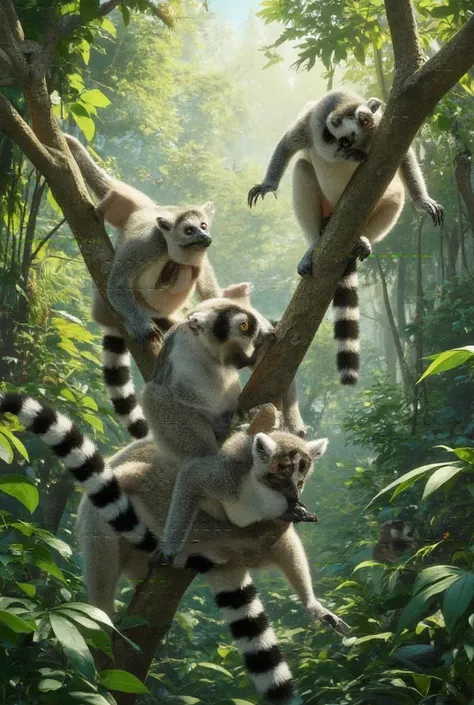 A group of ring-tailed lemurs