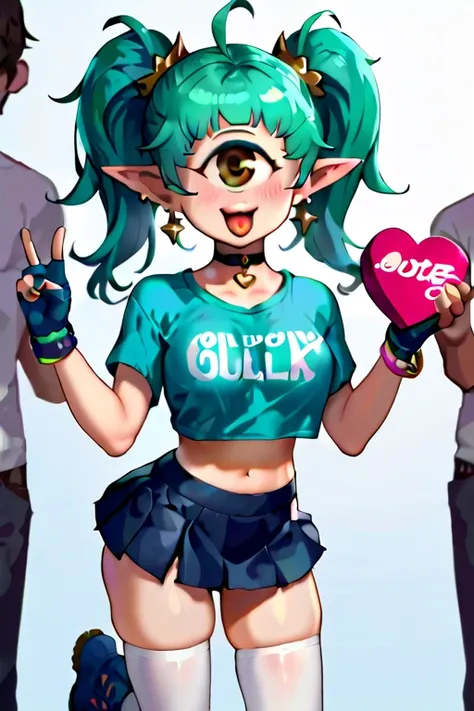 1girl, Breast Implants - XL, score_9, score_8_up, score_7_up, source_ Cyclops [SDXL, long teal hair, pigtails, brown eye, sticking out her tongue, graphic cropped t-shirt, bracelets on her arms, cute girl, short teal mini skirt, long fingerless blue gloves...