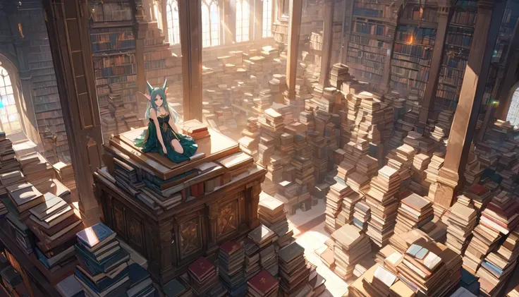 (masterpiece,best quality,ultra detailed:1.2),
Lens Flare, 
Countless grimoires piled up to the ceiling, 
from above, 
The background is also filled with countless books, 
A beautiful girl with elf ears sits on a pedestal in the center, 