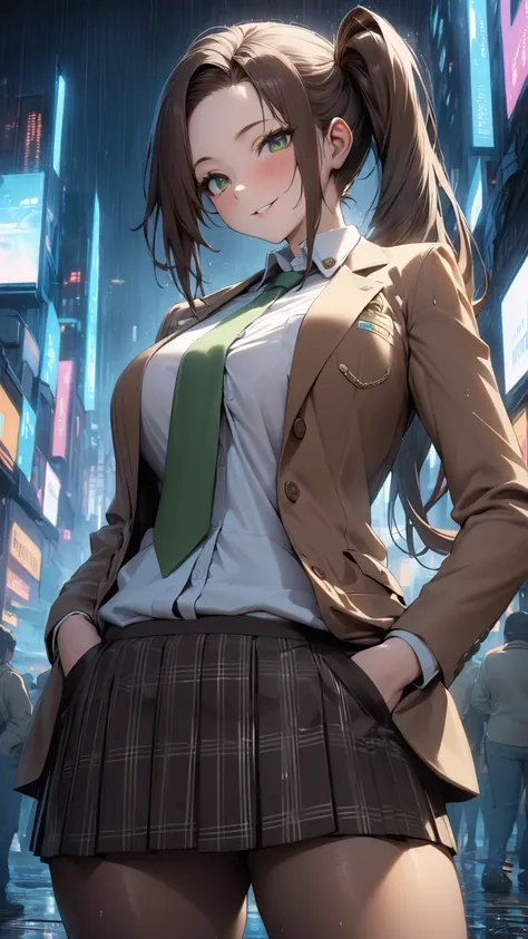 nsfw, masterpiece, best quality,amazing quality, semi-realistic detailed CG, ultra-detailed,Sharp Focus, high contrast, 1girl, detailed green eyes, slightly smile, detailed semi-long hair, dark brown silky hair,  forehead, sliced back hair, side ponytail, ...