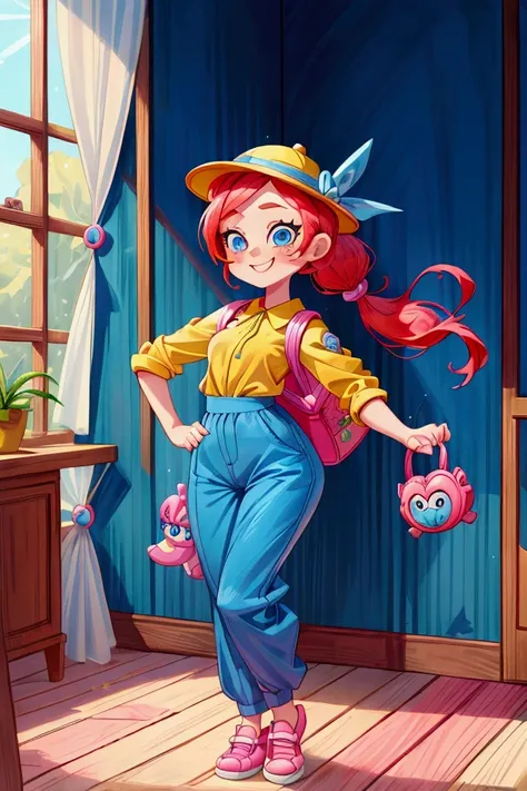 (masterpiece, best quality) standing, indoor, intricate detail, sunlight, blue blouse, brow long pant, pink shoes, blue backpack, yellow hat, red hair, two ponytails, blue eyes, smiling and sexy expression, sexy pose, coquette, gorgeous legs, mature teenag...