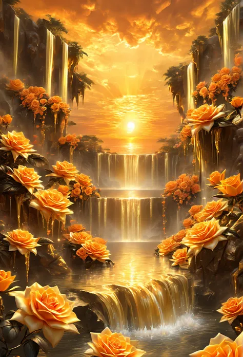 ((gold-color theme)), ((sunset, gold-color sky)), surrealism, majestic roses rises into the sky, and cascading ((waterfalls with orange-color water))