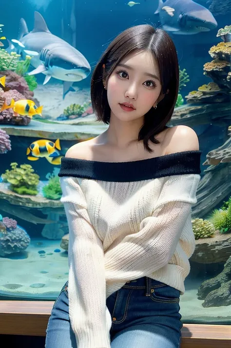 a beautiful woman with black buz cut wearing a white off-shoulder sweater and jeans, sitting in front of a huge aquarium with a large shark in the background, her face in soft focus with intricate skin details, photorealistic, 8k, ultra-detailed,