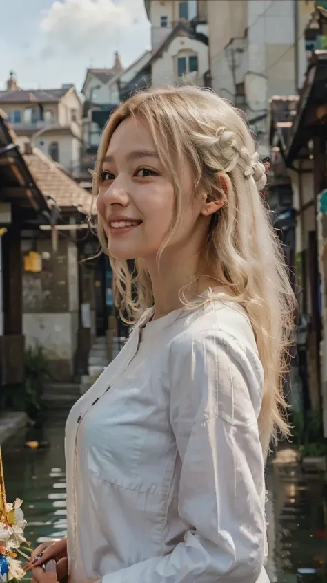  beautiful girl painted in an oil painting style reminiscent of an impressionist painting、She is fair-skinned and、With long White hair、Wearing a white shirt. Her profile has a perfectly beautiful profile with a deep nose and a deep moat..

Gentle mouth、The...