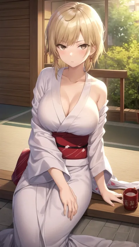 masterpiece, best quality, high quality, girl, solo, looking at viewer, shuuji_nakamura, brown eyes, blonde hair, large breasts, yukata 