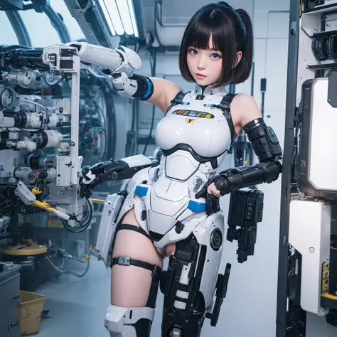 masterpiece, best quality, extremely detailed,8k portrait, Japanese android girl,Plump ,control panels,robot arms,robot,android,cyborg,white robot body,blunt bangs,robot repair plant,black knee high socks,blue eyes ,there is the name ARABELLA near the robo...