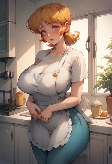 MILF, Dexter laboratory mom ,big breasts, very thick thighs, white shirt, tight jeans, apron, shy