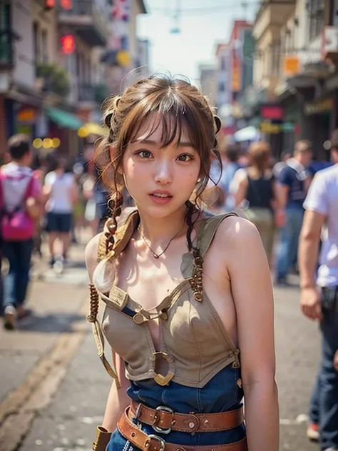 Show me a Japanese adult  woman who will surprise everyone. steampunk costume, In New Orleans bourbon street,  cropped tank top without bra,  the cleavage and areola exposed、((leaning forward)), pixie fluffy hair, light brown hair, Has a very happy face、Lo...