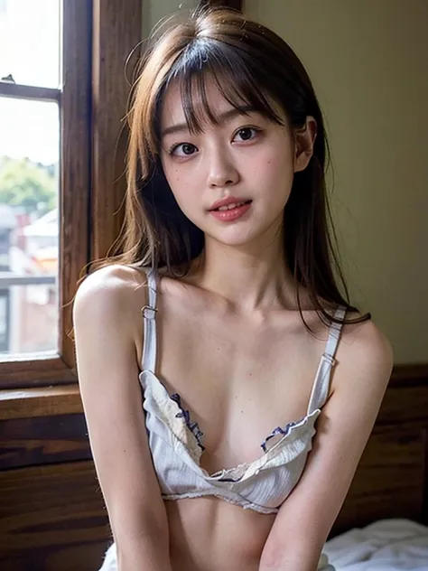 Show me a Japanese adult  woman who will surprise everyone. steampunk costume, In New Orleans bourbon street,  cropped tank top without bra,  the cleavage and areola exposed、((leaning forward)), pixie fluffy hair, light brown hair, Has a very happy face、Lo...