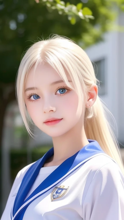  platinum blonde hair is super long, straight, stringy hair、Polate、 school uniform 、Bright expression、 ponytail、 young, white and shiny skin 、Great looks、 shiny bright hair 、Shiny, beautiful bangs、 double eyelids in judo uniforms、 eyeliner 、 clear, big blu...