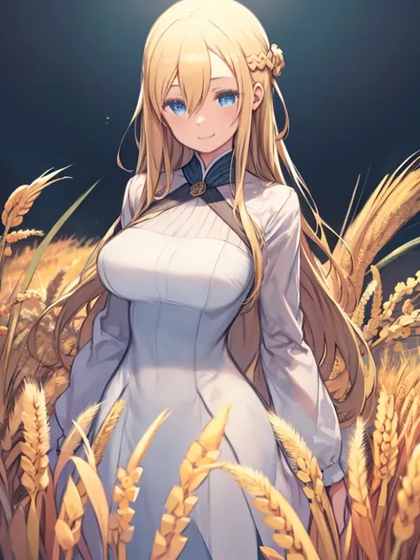  blond hair、hair between eyes、 blue eyes 、 straight long hair、Big Breasts、masterpiece,  top quality,  super high resolution ,  Details illustration,  portrait,  Details, A girl standing in a wheat field, Alone,  flower, smile, whole body,