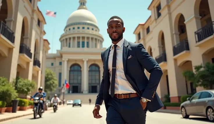 A young African man walking towards an embassy for a Visa 