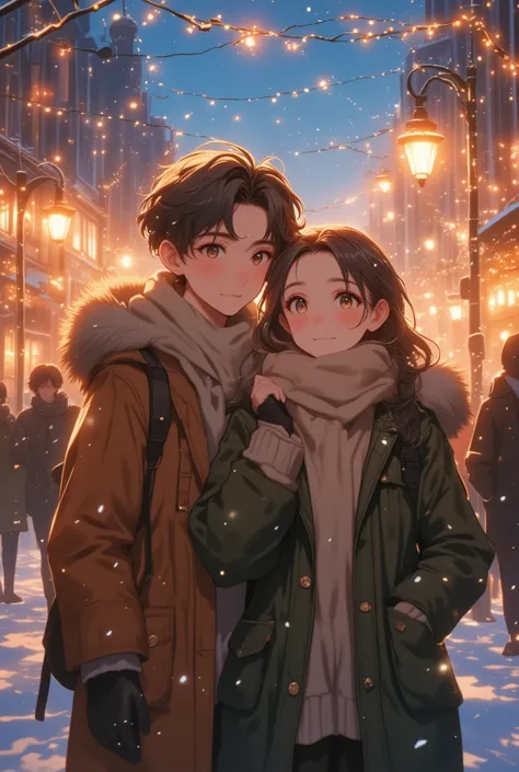 a young couple walking on the street, christmas atmosphere, falling snow, street lights, lively atmosphere, blurred background, 1boy,1girl,beautiful detailed eyes,beautiful detailed lips,extremely detailed eyes and face,long eyelashes,winter outfit,romanti...