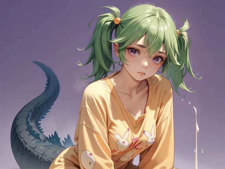 chica estilo anime,  green hair with pigtails, Breasts 34C, With Godzillas tail, With his pajama clothes he is stained with a lot too much milk, purple background