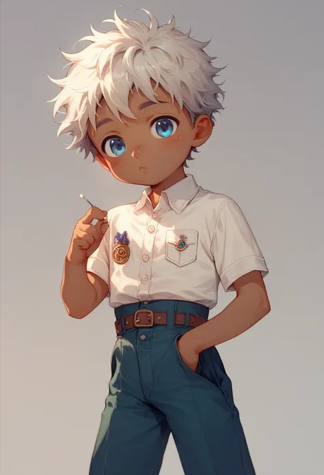 a young 7-yr old boy, cute, young, little, short, thin, Age Regression, Shotacon, Shota, dark skin, messy hair, 1800s costumes theme, high waist trousers