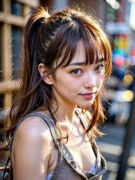 Show me a Japanese adult  woman who will surprise everyone. steampunk costume, In New Orleans bourbon street,  cropped tank top without bra,  the cleavage and areola exposed、((leaning forward)), pixie fluffy hair, light brown hair, Has a very happy face、Lo...