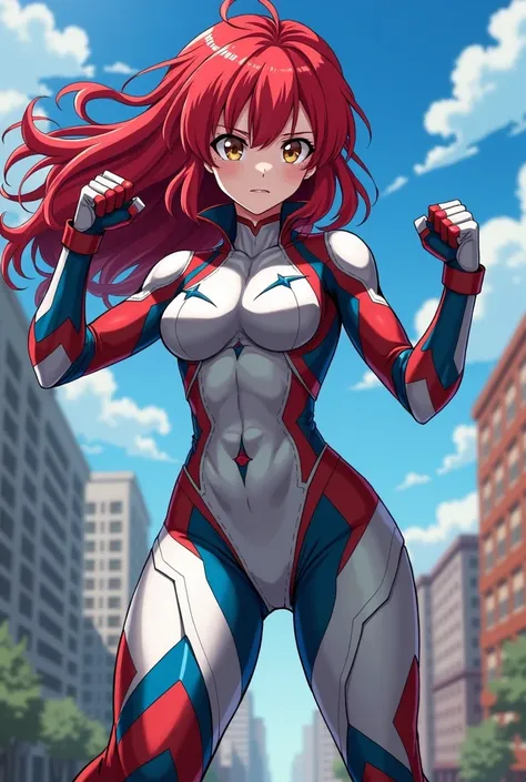 My Hero Academia Style , Anime girl, female, young female ,Full Body Shot,(fighting stance:1.3),Long hair, Red Hair,  Brown Eyes,Hero Suit, Full Body Suit, Silver suit with Red and Blue details,perfect anatomy,  Toughened Abs,super detailed,(Buildings:1.2）