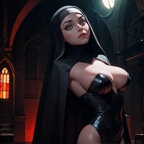 raw, analogue) (Gothic nun huge breasts), Set in the 1990s, Surreal makeup, nude, shiny skin,  Leather clothes in a church in the Gothic style at night, neon light, Very dark, Horror, Red hue, the chaos, sinister, high details, A hyper-realistic, Sony A7II...