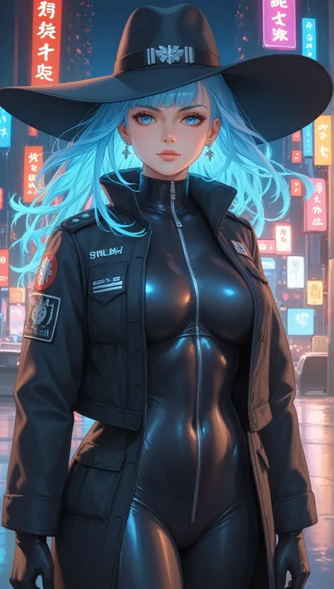 "A powerful woman with long blue hair and piercing ice-blue eyes, wearing a military-style outfit with dark colors. She stands in the bustling streets of modern Tokyo, surrounded by neon lights and skyscrapers. Her cold expression and icy aura radiate domi...