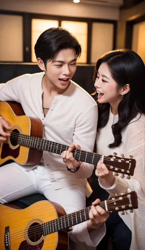 "A handsome Asian man passionately singing while playing the guitar for a beautiful Asian woman, both dressed in matching soft lavender outfits. The setting is an elegant, well-lit studio with stylish decor, vibrant colors, and a warm ambiance. The scene c...