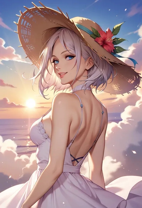 1girl, masterpiece, extremly detailed, (beautiful detailed glow), lens flare, white hair, short hair, floating hair, looking back, back behind, smile, blue eyes, white dress, medium breasts, upper body, wide shot, straw hat, ((salar de uyuni)), sunrise, cl...