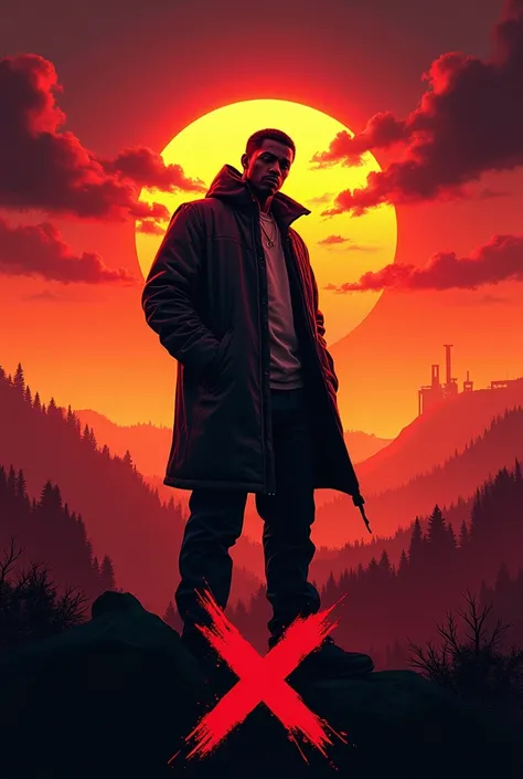 Create a cover for a rap album that has the background of a sunset and that the album is called X 