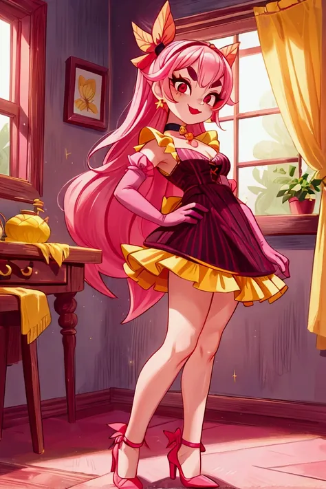 "Masterpiece, best quality, 1 girl, standing, indoors with intricate details and sunlight, pink hair, red eyes, big bow, elbow gloves, choker, black orange and yellow frilled dress striped with short neckline,  pink and yellow heels, black lipstick, eyelas...