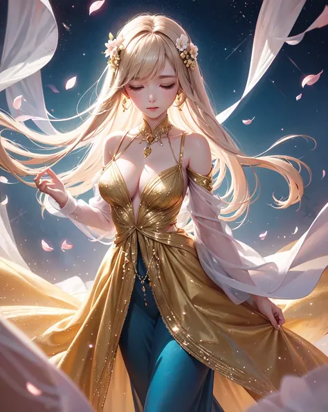 "An ethereal underwater scene featuring a young woman surrounded by delicate cherry blossoms glowing with golden sparkles and radiant light. The woman has long, flowing hair that shimmers in the light, her eyes gently closed in peaceful serenity. She wears...