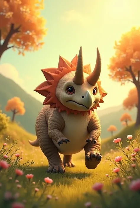 A quirky hybrid withTriceratops horns and a Dodos roundbody waddles through a colorful

meadow under a golden sky.