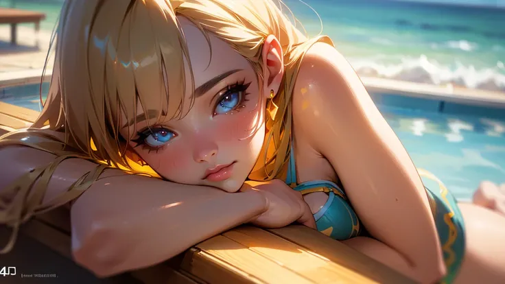 a girl laying on a bench next to a pool, full body, beach, ocean, sunset, beautiful detailed eyes, beautiful detailed lips, extremely detailed face and skin, long eyelashes, summer day, warm colors, golden hour lighting, cinematic, photoreal, (best quality...