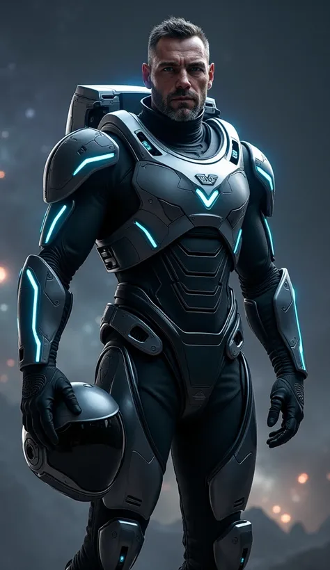 ((Best quality)), ((masterpiece)), (highly detailed:1.3), ,HDR (High Dynamic Range), A strong, imposing man stands against the backdrop of deep space, with stars and nebulae glowing softly in the distance. He is clad in a sleek, advanced space suit that co...