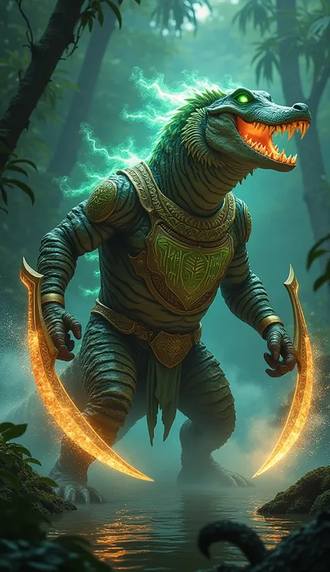 Create a formidable fusion hybrid of a crocodile and a tiger, reimagined as a mythical predator and protector of the jungle. This hybrid embodies the crocodile’s armored resilience and aquatic dominance with the tiger’s speed, agility, and fierce predatory...