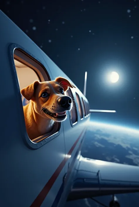 A picture from outside of a plane of a goofy smirking dog  inside a plane and a bright moon, the plane is flying in space while the moon is far away from the plane . The plane is flying towards the moon