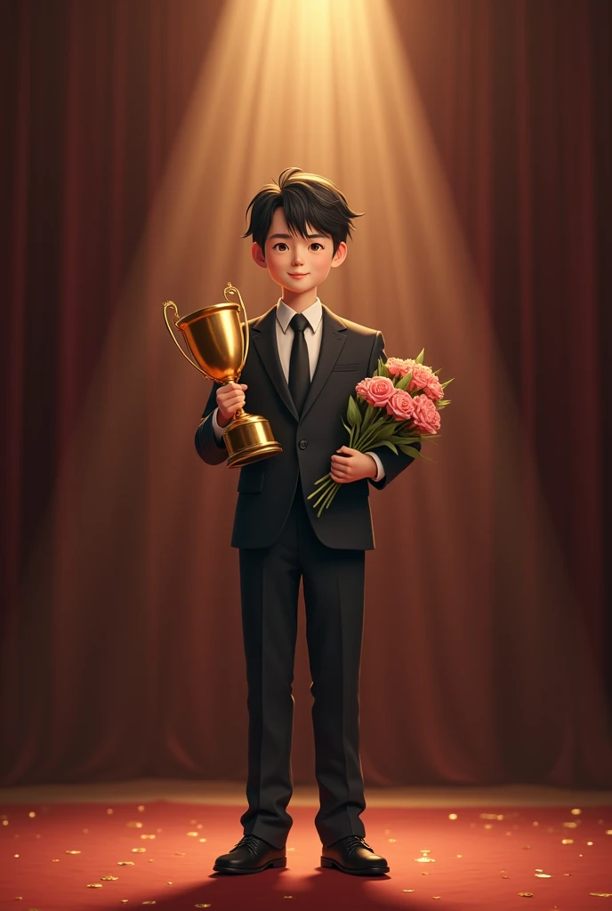 ((Best quality)), ((masterpiece)), (detailed), ((perfect face)), 10 old boy, short boy, short leg, black hair, 150 cm tall, standing alone on an awards ceremony stage, full body, spotlight, Wear a suit, (((left hand Holding a golden trophy and right hand h...