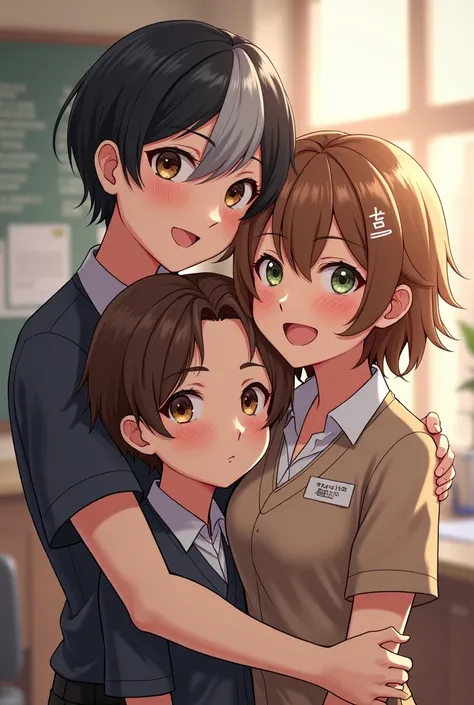  Three short hair friends one black haired with gray hair ,  another brown hair and the third light brown with light gray hair, 2 of shorter contextuals and different heights ,  friends and all workers from a school  