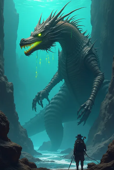 " Design a monstrous creature type Leviathan ,  according to a world of exploration of land and water ,  with an illustrated anime style .  The creature must to have a colossal and majestic appearance ,  combining characteristics of a sea dragon with a pri...