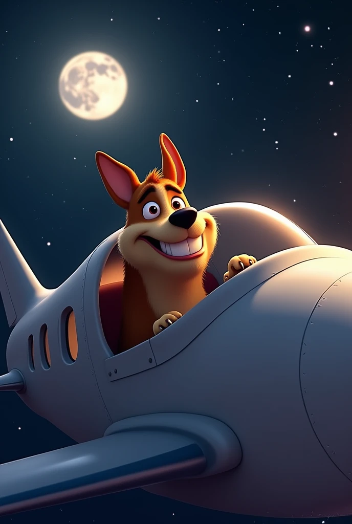 An animation of a picture from outside of a plane of a goofy smirking dog  inside a plane and a bright moon, the plane is flying in space while the moon is far away from the plane . The plane is flying towards the moon