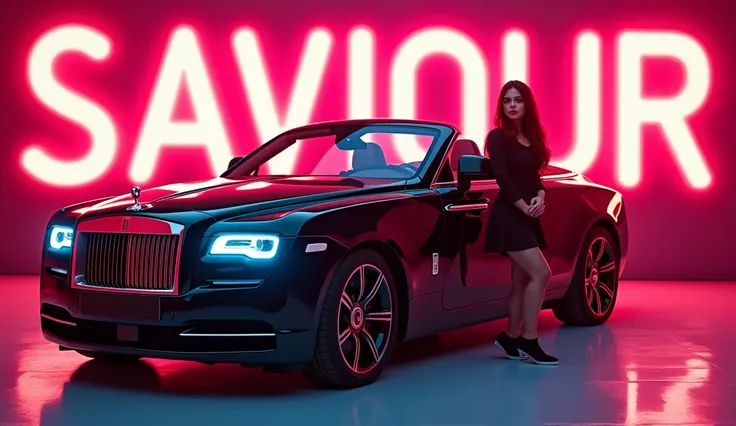 (accurately spelled text "SAVIOUR"), photorealistic, vibrant poppy colors, striking neon background, Turkish girls, seated on glossy ANTIQUE ROLLS ROYCE WITH A JAGUAR ANIMAL SITTING ON CAR WITH GIRL luxury cars, eye-catching design, dynamic composition, hi...