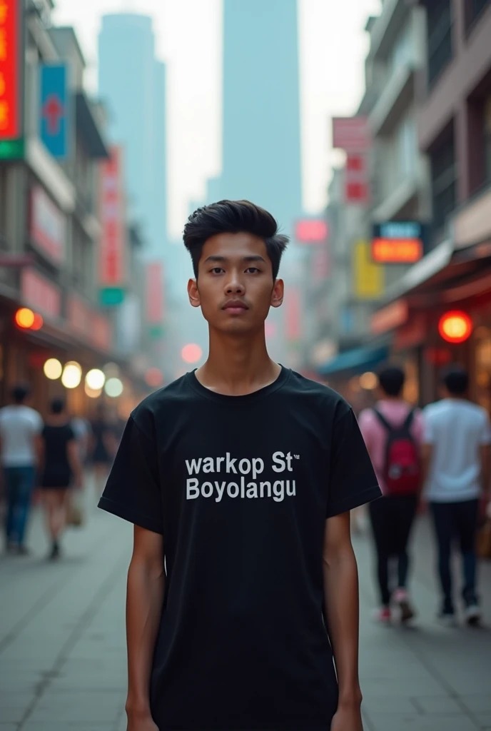 Photo of Indonesian youth ,  wearing a black t-shirt with the inscription warkop ST Boyolangu in the center of the Chinese city, realistic 4k 