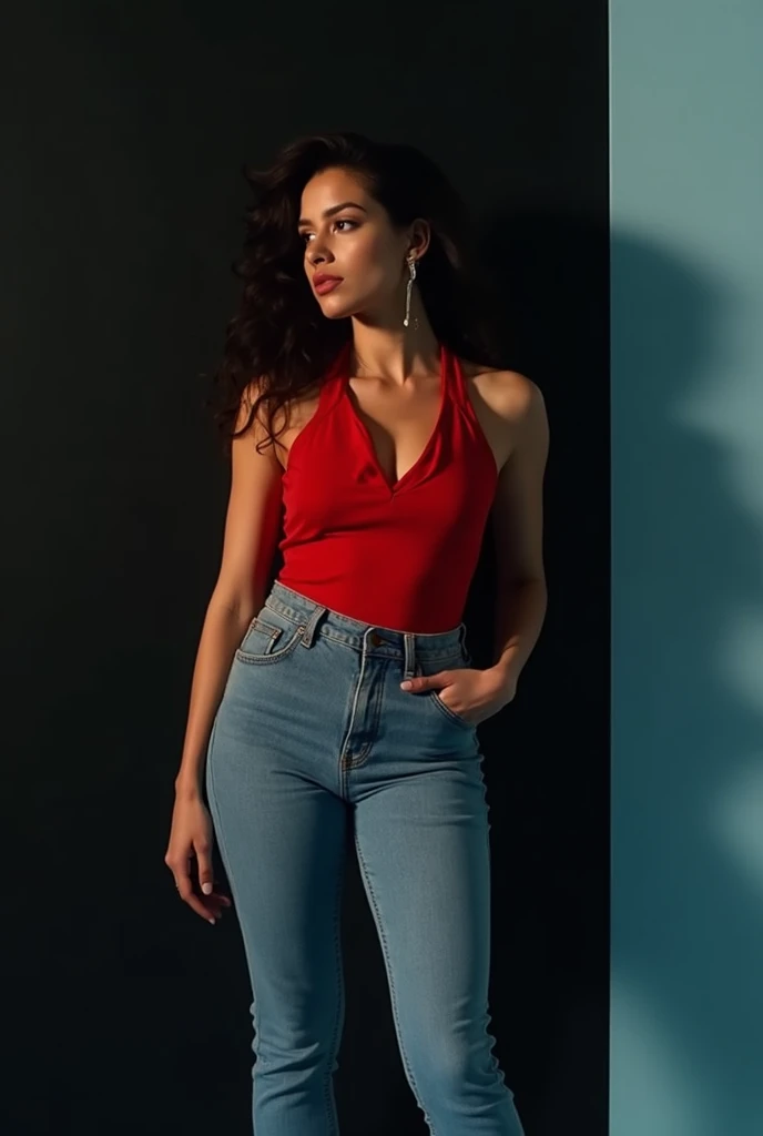  “Create an image of a beautiful bubble female model with a delicate, soft blue complexion, dressed in a stylish red top and jeans. latina healthy bubble medium chubby beautiful female model is standing next to a large, elegant black gradient highlighting ...