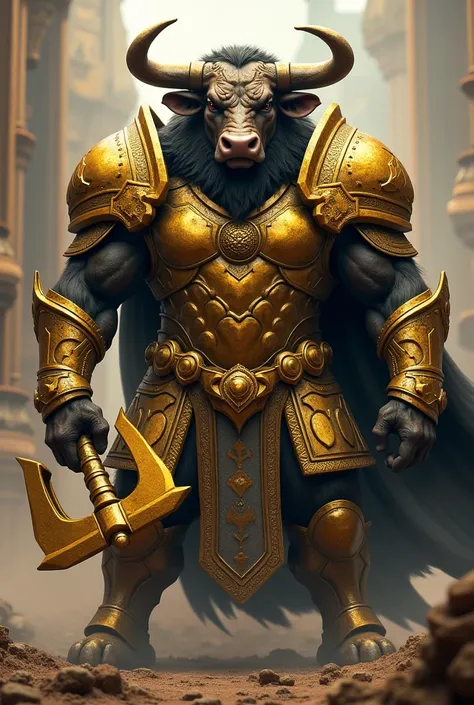 Warrior bull wearing golden armor holding a golden axe ultra realistic ultra detailed photo 
