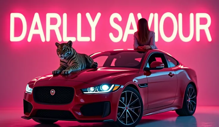 (accurately spelled text "DARLING SAVIOUR"), photorealistic, vibrant poppy colors, striking neon background, Turkish girls, seated on glossy JAGUAR CAR WITH A JAGUAR ANIMAL SITTING ON CAR WITH GIRL luxury cars, eye-catching design, dynamic composition, hig...