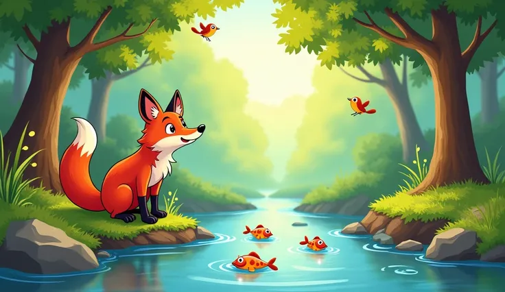 A lively cartoon of a red fox crouched beside a bubbling stream. The fox watches tiny, playful fish swimming in the clear water. Above, birds perched on tall tree branches sing, and sunlight peeks through the forest canopy, casting dappled light on the fox...