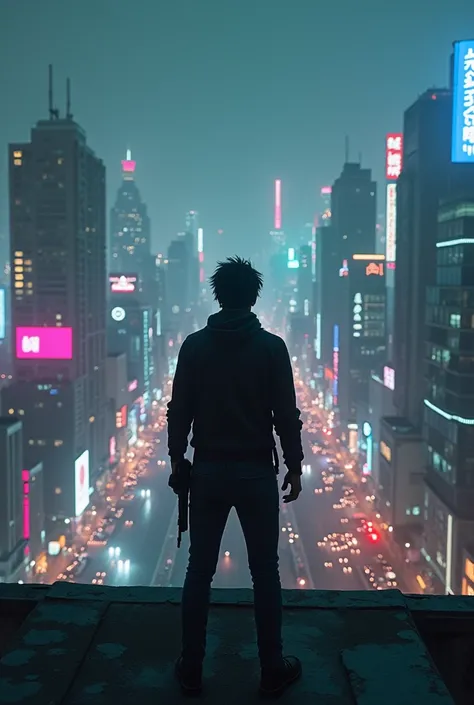 Scene: Standing on a rooftop, overlooking a dystopian cityscape filled with neon lights and AI drones.
Shot: Low-angle wide shot, emphasizing the vast city and their lone silhouette.
Expression: Determined, gripping a weapon or artifact.