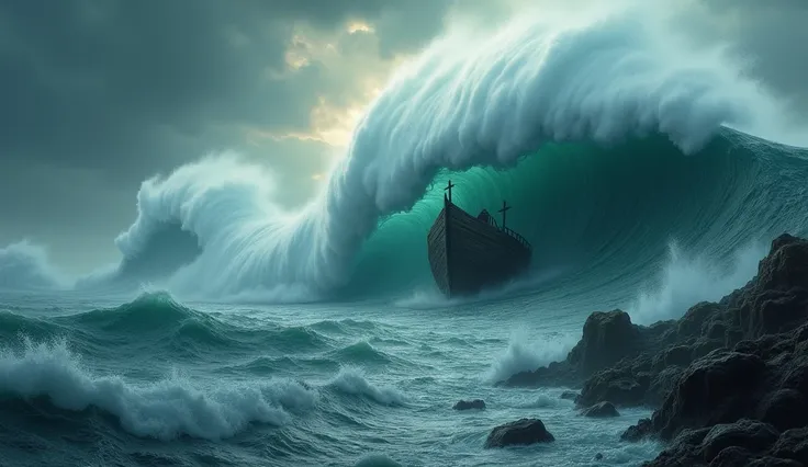 a colossal wave crashing over a submerged village, ark riding the stormy waters, dramatic stormy sky, epic, cinematic, dramatic lighting, realistic, photorealistic, 8k, highly detailed, masterpiece