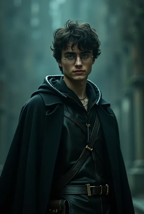 Harry Potter dark, dark hair,  green eyes,  round glasses,  dresses black leather strap, black leather jacket , hd quality, lord, darkness,beautiful