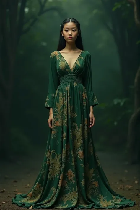 A girl in a dark green long dress ,  with a batik pattern depicting tropical trees and birds